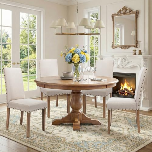 Upholstered Dining Chair Modern Stylish Parsons Kitchen Diner High Back with Bronze Nailhead Trim & Wood Legs, Set of 4, Beige