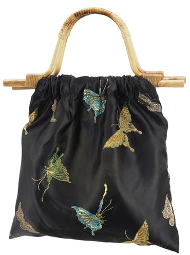 Black gold butterfly jacquard Chinese temperament solid wood rattan tote bag Classical Embroidery Purse Bucket Bag Vintage Embroidery Clutch Handbag with wooden handle