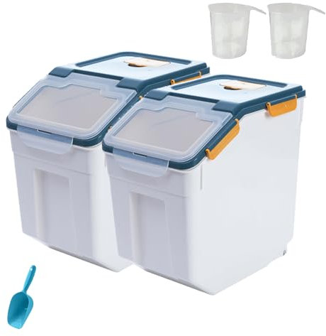 Toolzia 2pcs Large Rice Container 25kg,Airtight Flour Cereal Storage Containers With Measuring Cup,Cereal Storage Bin For Kitchen (Blue)