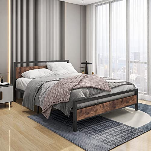 BORPHOM Säng 140 x 200, med ribbotten, sängram av metall, trä, metallsäng, dubbelsängram, 140 x 200, gästsäng, ungdomssäng, med förvaringsutrymme, för sovrum, gästrum, metall, sängram, brun