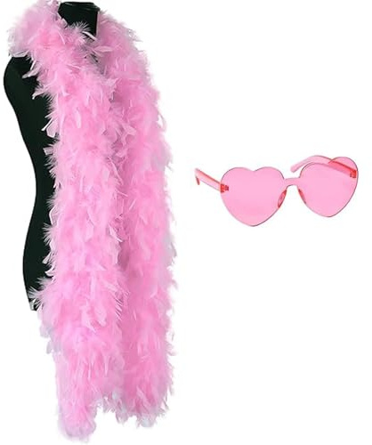 JNGTKL Pink Feather Boa, 2m, Suitable For Dancing, Wedding Parties, Cosplay, Halloween, Christmas, With Heart Rimless Sunglasses