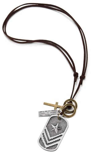 COOLSTEELANDBEYOND Herren Dog Tag Anhänger Halskette mit Stern und Stripes, Rauhe Oberfläche, Verstellbare Leder Schnur