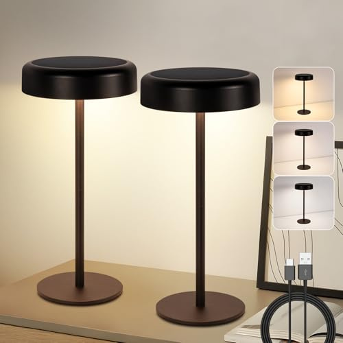 Tischlampe Solar Akku Nachttischlampe - 2er Set Kabellos Led Tischleuchte | 3600mhA Aufladbar Touch Dimmbar Schwarz IP44 mit USB Batterie Tischlampen für Modern Wohnzimmer Schlafzimmer Outdoor
