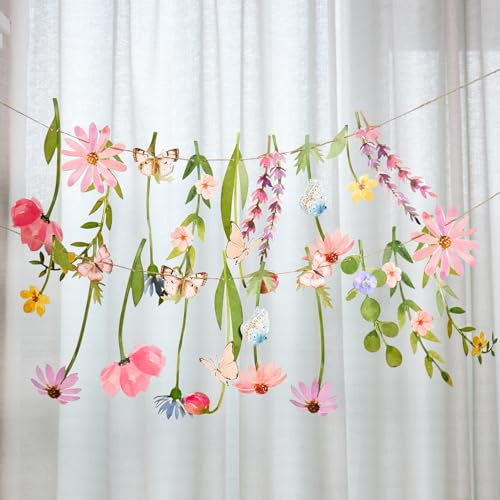 SUNBEAUTY Wildflowers Garland Paper Flower Garlands Spring Garden Party Decoration Daisy Wildflower Banner Butterfly Decor for Baby Shower Birthday Tea Supplies