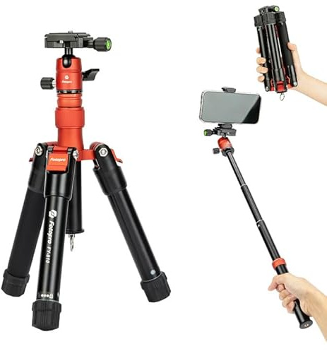 Fotopro Trépied de voyage compact léger de 140 cm, mini trépied multifonction avec tête sphérique en aluminium, support de téléphone amovible, pliable seulement 21,8 cm, charge maximale jusqu'à 3 kg