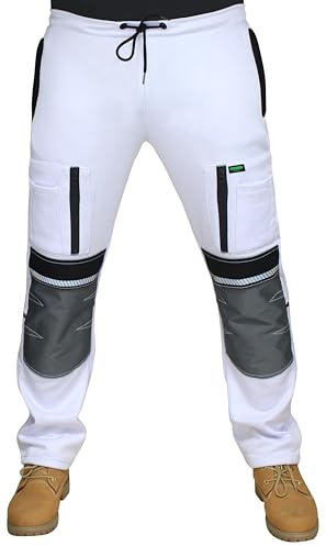 HASHOOB TRADING FZE Men's White Fleece Painter Work Trousers with Knee Pad Pockets & Multi Cargo Storage (Ten-White, L)