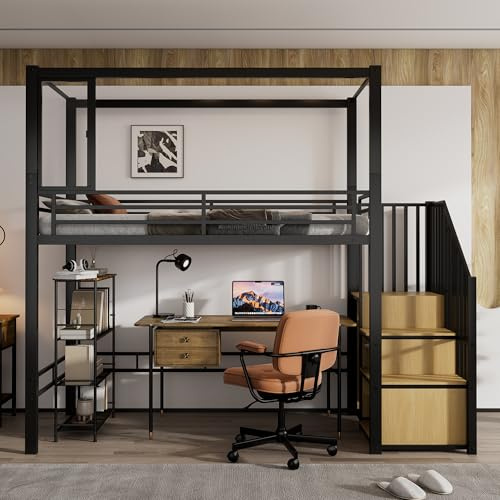 Himmelbett Metallbett Etagenbett 90x200, Kinderbett Hochbett mit Treppe&Ablagefächern&Kleiderschrank&Magnetfenster, Funktionsbett Stockbett Spielbett Jugendbett mit Lattenrost, Ohne Matratze, Schwarz