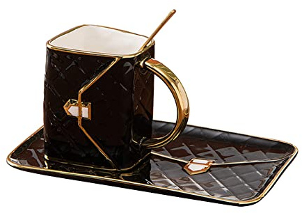 Phefop 300ml Handtaschen Kaffeetasse Keramik mit Löffel und Tablett Stilvoller Becher Set für Tee Kaffee Latte im luxuriösen Design mit großer Untertasse für Snacks (2)