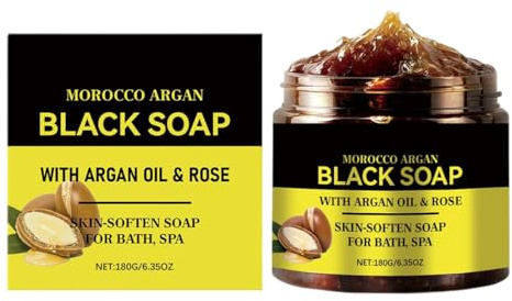 EIHI Savon Noir à L'argan et à la Rose,Savon Noir Marocain à 100% Biologique,100% Organic Moroccan Black Soap,Savon Exfoliant Pour Le Corps Au Savon Noir, Black Beldi Soap(180ML)