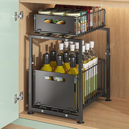 Armadio portaoggetti da cucina a doppio strato, cassetto telescopico estraibile, cassetto estraibile da cucina, in metallo, per mobili da cucina, 37,5 x 29 x 41-49 cm (altezza x larghezza x altezza)