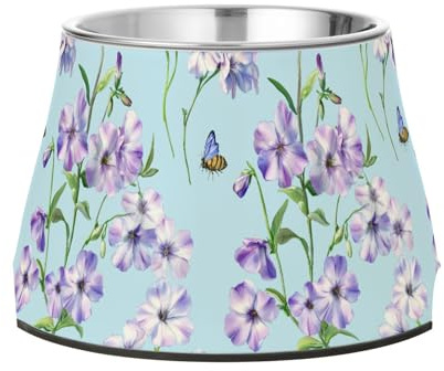 Art Phlox Flowers Blue Dogs Food Bowl Non Skid Stainless Steel Feeder Pets Bowl for Slow Feed Cats Slow Down Eating