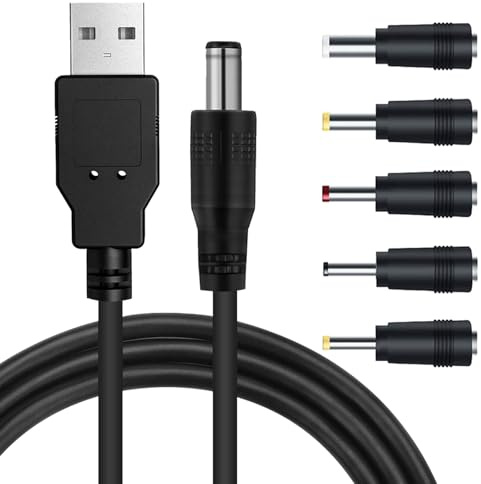 HEIZHU 1M USB to DC Power Cable with 5 Connectors, DC 5V Charger 2.0 A Universal USB Power Cable Male to DC 5.5 x 2.1mm Adapter for Router, Fan, Speakers & More