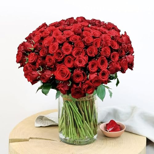 Fleurs et Délices - Brassée 101 Roses Rouges - Très Grand Bouquet Rouge Intense, Fleurs Fraîches, Cadeau Romantique d’Exception pour Saint-Valentin ou Anniversaire, 101 Tiges