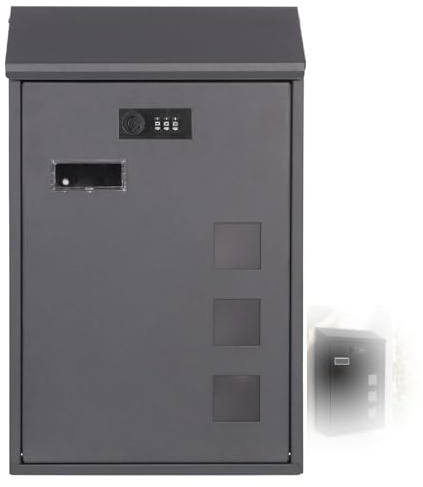 Vurlexat Wall Mounted Post Box, All-iron Mail Box with Combination Lock, Weather-Resistant with 4 Viewing Windows, Heavy Duty Lockable Suggestion Box Waterproof for Outside Black (42x27x13cm)