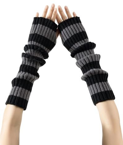 Yawlsow Arm and Leg Warmers for Women Girls Y2k Knit Leg Warmer Kawaii Lolita Goth Harajuku Streetwear Grunge Accessories (arm Gray-black stripes, One Size)