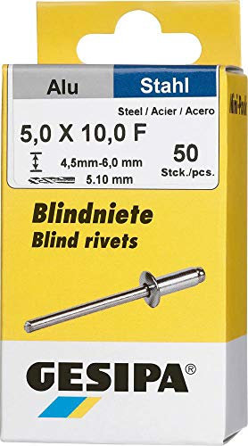 GESIPA Blindniete Mini-Pack 50 Stück (Alu/Stahl 5x10, Nietschaft-ø 5 mm, Scherkraft 2000 N, Zugkraft 2800 N, Flachrundkopf) 1433537