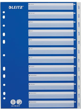 Leitz Register für A4, Deckblatt aus Karton und Trennblätter aus Kunststoff, Taben mit Monatsdruck Jan-Dez, Blau/Weiß, 12546001
