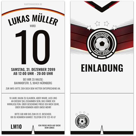 Kartenmachen.de Personalisierte Einladungskarten zum Kindergeburtstag (10 Stück bis 100 Stück wählbar) - Deutschland Fußball Trikot Einladung, Alter als Trikotnummer