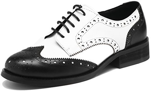 U-lite Damen-Schnürschuhe, perforiert, Flügelspitze, mehrfarbig, Leder, flach, Oxford, Vintage-Oxford-Schuhe, Schwarz Weiß, 41 EU