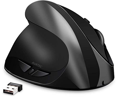 AURTEC Left Handed Mouse, Rechargeable 2.4G Wireless Ergonomic Vertical Mice with USB Receiver, 6 Buttons and 3 Adjustable DPI 800/1200/1600 for Left Hand, Black