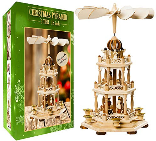 German Christmas Decoration Pyramid - 18 Inches - Wood Nativity Scene Set-Under The Christmas Tree - Table Top Holiday Decor - 3 Tiers Carousel- 6 Candle Holders - German Design.