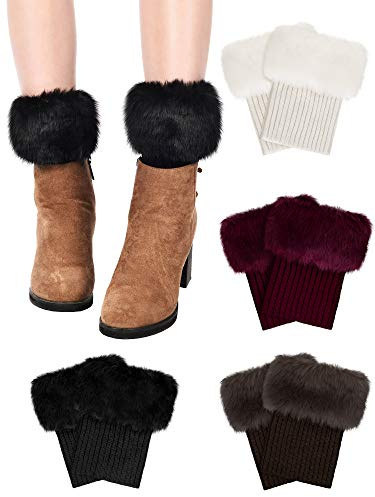 Pangda 4 Pairs Women Faux Fur Boot Cuff Leg Warmers for Boot Winter Warmers Furry Fuzzy Leg Socks Knitted Boot Socks(Black, Beige, Wine Red and Coffee)