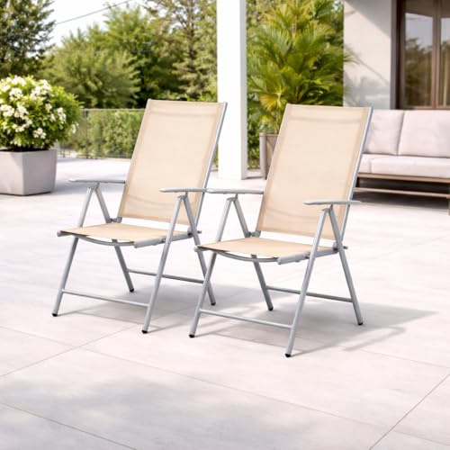 Mojawo 2er Set Gartenstuhl - Hochlehner 7-Fach verstellbar - zusammenklappbar - Klappstuhl - witterungsbeständiges Aluminium - wetterfeste Gartenmöbel - Silber/Beige