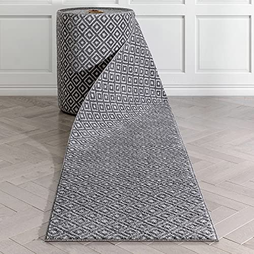 Well Woven Custom Size Hallway Stair Runner - Choose Your Length - Piano Dark Grey Tribal Diamond Geometric 27 Inches Wide x 25 Feet Long Runner (27 x 25' Runner)