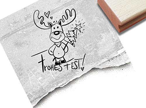 Stempel Weihnachtsstempel Elch mit Weihnachtsbaum, Frohes Fest - Textstempel Weihnachten Karten Geschenkanhänger Basteln Weihnachtsdeko- zAcheR-fineT (groß ca. 48 x 55 mm)