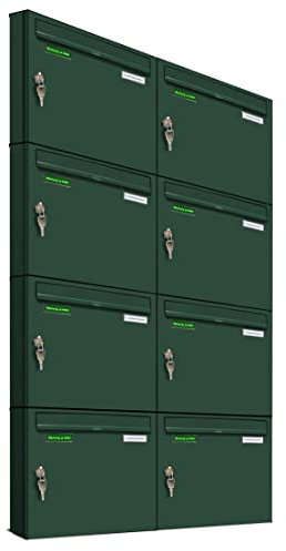 AL Briefkastensysteme Basic 8er Briefkasten RAL 6005 Moos Grün 8 Fach DIN A4 wetterfest Briefkastenanlage mit Posthaltebügel und 2 Namensschildern