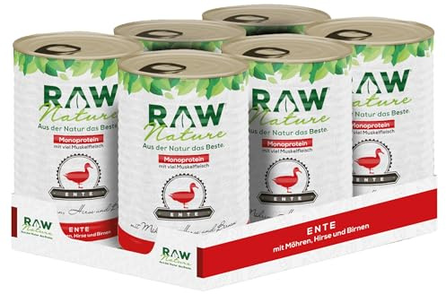RAW Nature Ente Pur Hunde-Nassfutter – 6 x 400g, Hirse & Birne | Getreidefreies Alleinfuttermittel für Hunde mit Ente als Monoprotein, hohem Fleischanteil, Hirse und Birne.