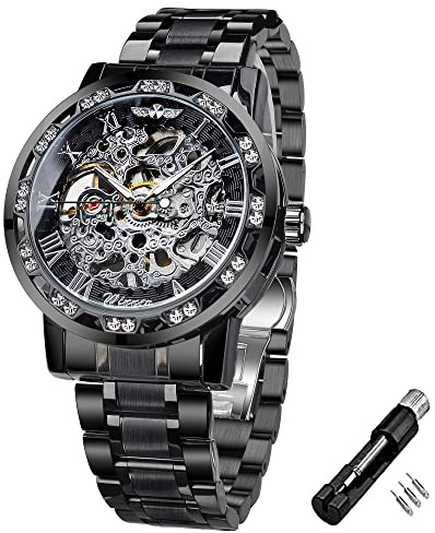 FORSINING Gewinner Retro Manuelle mechanische Skelett Uhr mit Diamantschnitzen Blume Handwerk Männer Armbanduhr Klassische römische Zahl, Schwarze Goldfarbe