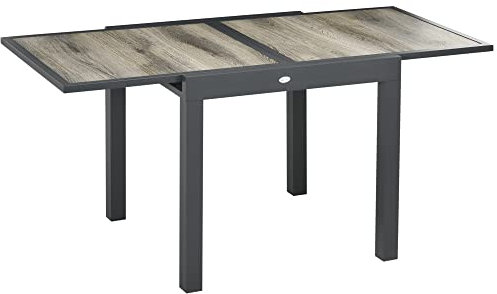 Outsunny Gartentisch, Esstisch für Garten mit Ausziehbarer Tischplatte, Terrassentisch mit Holzoptik, Balkontisch aus Alu, Beige+Grau, 160 x 80 x 75cm