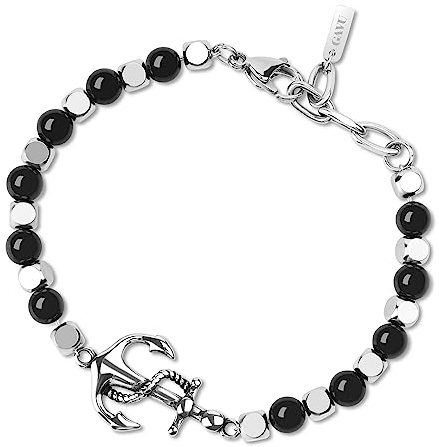 GAVU Pulsera de Piedras Naturales para Hombre con Cuentas de Turmalina Negra Pepitas Cuadradas de Acero Inoxidable y Dije de Ancla