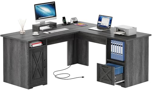 YITAHOME L Shaped Desk with Power Outlets, 60 Inch Computer Desk Corner Desk with File Drawer, Home Office Desk with Monitor Stand & Storage Shelves, L-Shaped Desk with File Cabinet, Grey