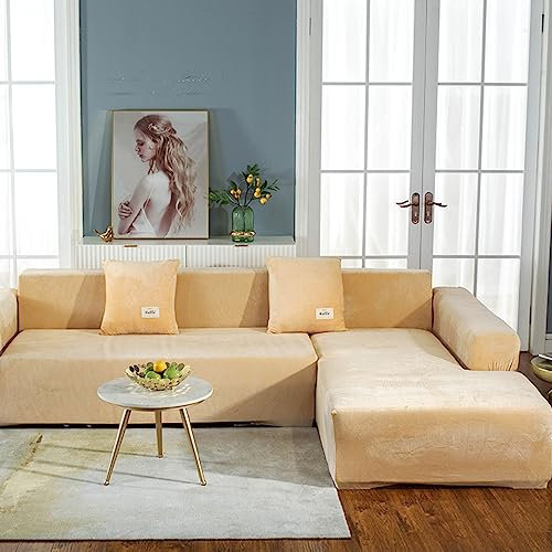 JunJiale Couchbezug L-Form Segmentiert Sofabezug 1-teilig Soft Stretch Sofa Schonbezug 3-Sitzer Möbelschutz Couch Schonbezug (Reisgelb)