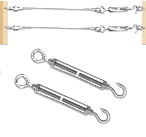 Plstod 2 Pezzi Tiranti per Filo Acciaio, M8 Tenditore Acciaio Inox 304 Tendicavo Con Ganci e Occhielli, Tendicavo per Tende da Sole, Corda, Filo da Giardino o Filo per Stendibiancheria