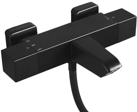 HomeLava Duscharmatur mit Thermostat Schwarz, Aufputz Mischbatterie Dusche mit 38°C Sicherheitstaste Thermostatisches Brausebatterie, Quadrat Duschthermostat für Dusche und Badewanne, Schwarz