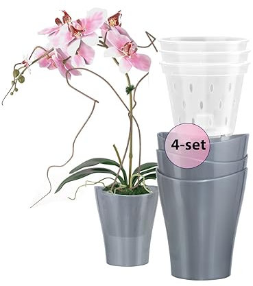 Garten lux Orchideentöpfe Anthrazit 4er-Set 2L Ø16 cm mit 4er-Set Orchideen Übertöpfe Drainageloch Kunststoff Transparent 1L Ø14 cm für den Innenbereich