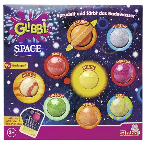 Simba Glibbi Space Lot de 9 bombes de bain avec cartes d'information sur les planètes, plaisir du bain à partir de 3 ans