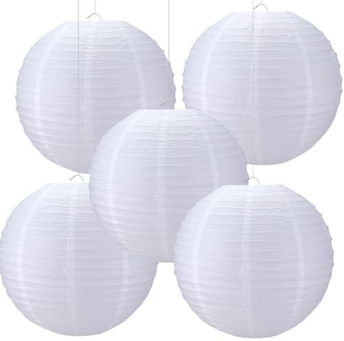 Glooglitter 5 Pcs 20 Inch Large White Paper Lanterns Gaint Chinese Moon Round Paper Lamp Japanese Jumbo Hanging Lanterns for Wedding Graduation Bridal Shower Birthday Party Supplies Decoration