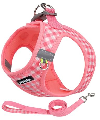 AIITLE Step-in-Hundegeschirr Set verstellbar Mesh, Wassermelone S | Reflektorstreifen, atmungsaktiv, Karomuster, für Welpen & Katzen, Training, Spazieren, Laufen, Leine inklusive