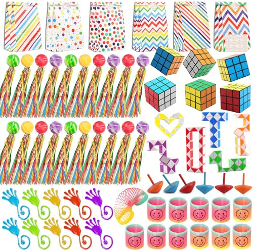 Szhhrxi 72 Stück Kindergeburtstag Mitgebsel Set, Hüpfbälle Kinder mit Farbige Bänder,Bunter Kreisel,Klebrige Hand, Magische Schlangenwürfel, Geschenktüte, Party-Mitgebsel für Mädchen Jungen
