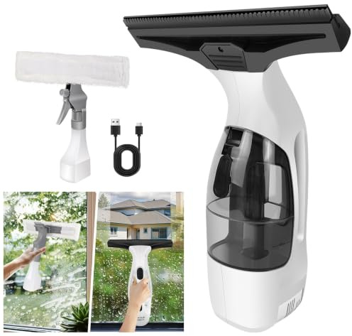 Cordless Window Vac Cleaner Condensation Vacuum Rechargeable Streak-Free Window Washer with 300ml Spray Bottle, 280mm Soft Squeegee Head and 240mm Microfibre Cloth