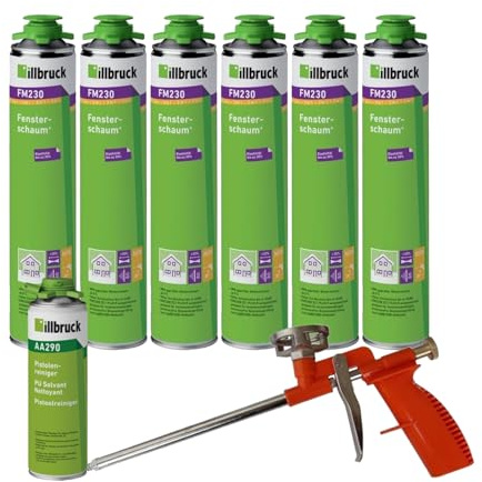 FM230 Bauschaum Fenster und Fassadenschaum PLUS, bis zu 30% flexibel, Montageschaum Fensterschaum hohe Schalldämmung Wärmedämmung 750ml Kombisets (mit Reiniger AA290 + Schaumpistole Compact, 6x)