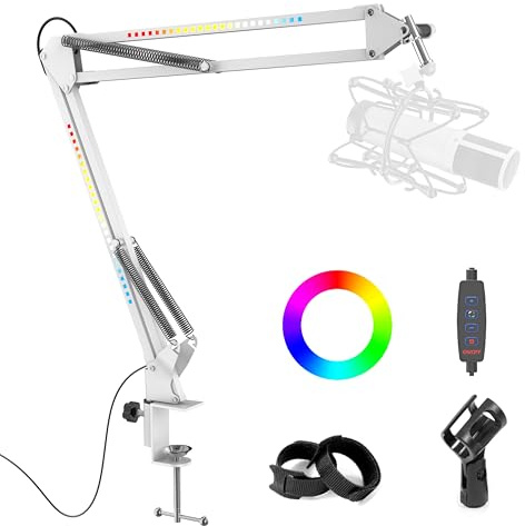 SIMPLURFI RGB Boom Arm, Adjustable Mic Stand with Desk Mount Clamp and Mic Clip, Compatible with HyperX Quadcast, Blue Yeti, Rode, Shure SM78 for Streaming, Gaming, Youtube Recording (White)
