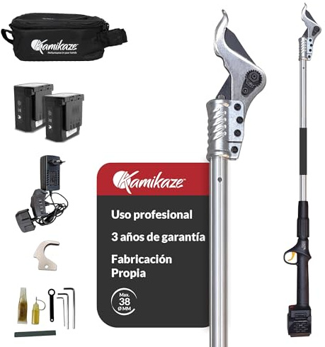 KAMIKAZE KV155. Tijera Eléctrica en altura sin cables. Corte Ø 40 mm. Longitud pértiga 155 cm. Hasta 8 horas autonomía. Incluye dos baterías de litio recargables. Poda Eléctrica
