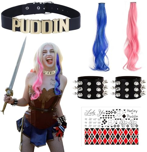 Oerphh Set di 6 accessori per costume da cattiva da donna, per cosplay di Harley, con polsino tatuato, estensioni per capelli, costumi da donna, per cosplay, Halloween, Giornata mondiale del libro