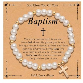 Flvkev Catholic Baptism Gifts, Cross Charm Pearl Bracelet Religious Jewelry Gifts for Daughter Granddaughter Sister Niece