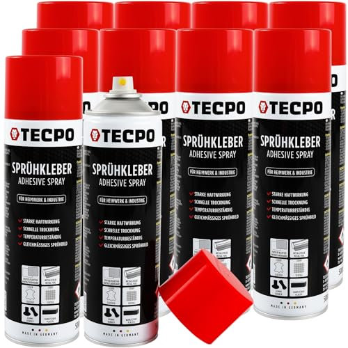 TECPO 3x Sprühkleber 10x 500ml, Industriekleber, Stark haftend, Schnelle Trocknung, Hohe Temperaturbeständigkeit, Vielseitig für Textilien, Leder, Schaumstoffe, Dämmmaterialien, PVC, Papier